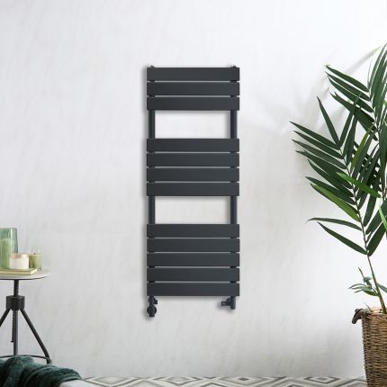 Milano Lustro Dual Fuel - Designer Anthracite Flat Panel Heated Towel Rail - 1200mm x 450mm