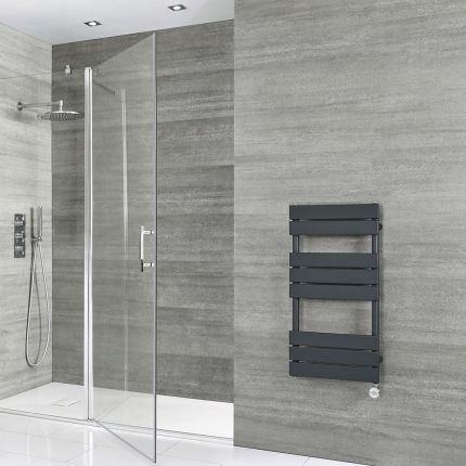Milano x ECOSO Lustro Electric - Anthracite Flat Panel Designer Heated Towel Rail - 825mm x 450mm - with Thermostatic Wi-Fi Heating Element
