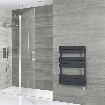 Milano x ECOSO Lustro Electric - Anthracite Flat Panel Designer Heated Towel Rail - 825mm x 600mm - with Thermostatic Wi-Fi Heating Element