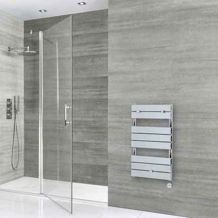 Milano x ECOSO Lustro Electric - Chrome Flat Panel Designer Heated Towel Rail - 840mm x 450mm - with Thermostatic Wi-Fi Heating Element