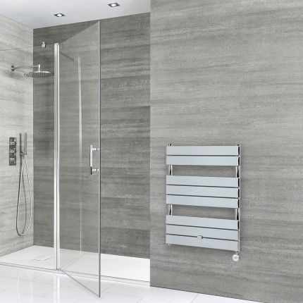 Milano x ECOSO Lustro Electric - Chrome Flat Panel Designer Heated Towel Rail - 840mm x 600mm - with Thermostatic Wi-Fi Heating Element