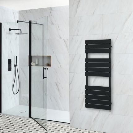 Milano x ECOSO Lustro - Electric Designer Black Flat Panel Heated Towel Rail - Choice of Size, Heating Element and Cable Cover