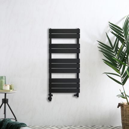 Milano Lustro Dual Fuel - Designer Black Flat Panel Heated Towel Rail - 975mm x 450mm