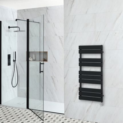Milano x ECOSO Lustro Electric - Black Flat Panel Designer Heated Towel Rail - 975mm x 450mm - with Thermostatic Wi-Fi Heating Element