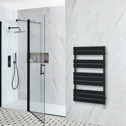 Milano x ECOSO Lustro Electric - Black Flat Panel Designer Heated Towel Rail - 975mm x 600mm - with Thermostatic Wi-Fi Heating Element