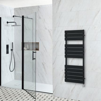 Milano x ECOSO Lustro Electric - Black Flat Panel Designer Heated Towel Rail - 1200mm x 450mm - with Thermostatic Wi-Fi Heating Element