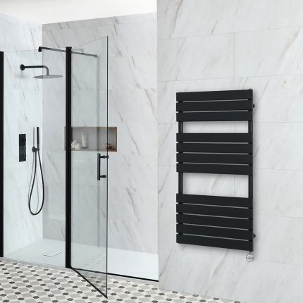 Milano x ECOSO Lustro Electric - Black Flat Panel Designer Heated Towel Rail - 1200mm x 600mm - with Thermostatic Wi-Fi Heating Element