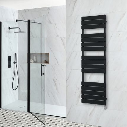 Milano x ECOSO Lustro Electric - Black Flat Panel Designer Heated Towel Rail - 1500mm x 450mm - with Thermostatic Wi-Fi Heating Element