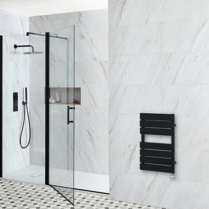 Milano x ECOSO Lustro Electric - Black Flat Panel Designer Heated Towel Rail - 600mm x 400mm - with Thermostatic Wi-Fi Heating Element