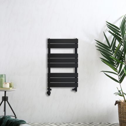 Milano Lustro Dual Fuel - Designer Black Flat Panel Heated Towel Rail - 825mm x 450mm