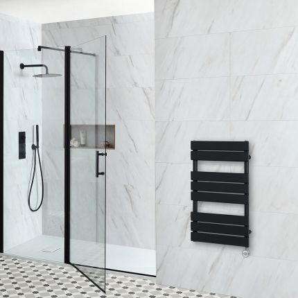 Milano x ECOSO Lustro Electric - Black Flat Panel Designer Heated Towel Rail - 825mm x 450mm - with Thermostatic Wi-Fi Heating Element
