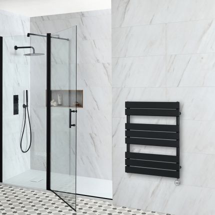 Milano x ECOSO Lustro Electric - Black Flat Panel Designer Heated Towel Rail - 825mm x 600mm - with Thermostatic Wi-Fi Heating Element