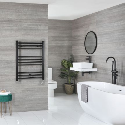 Milano Nero Electric - Black Straight Heated Towel Rail - 800mm x 600mm