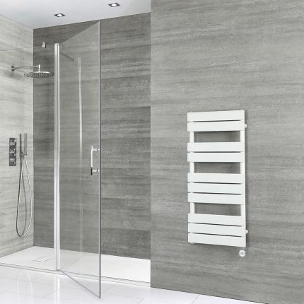 Milano x ECOSO Lustro Electric - White Flat Panel Designer Heated Towel Rail - 975mm x 450mm - with Thermostatic Wi-Fi Heating Element