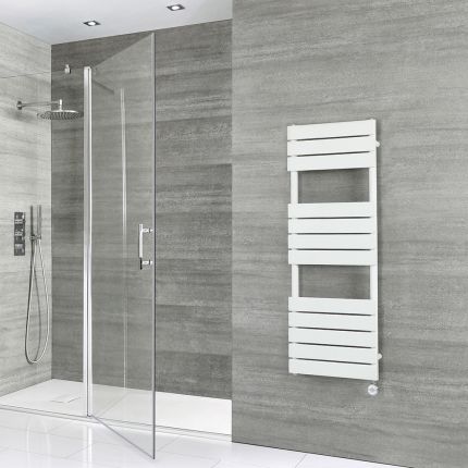 Milano x ECOSO Lustro Electric - White Flat Panel Designer Heated Towel Rail - 1200mm x 450mm - with Thermostatic Wi-Fi Heating Element