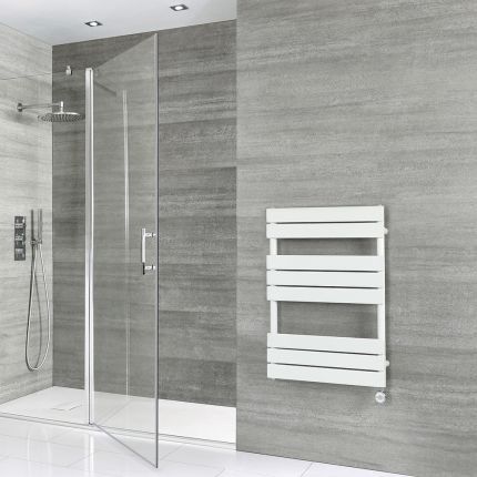 Milano x ECOSO Lustro Electric - White Flat Panel Designer Heated Towel Rail - 825mm x 600mm - with Thermostatic Wi-Fi Heating Element