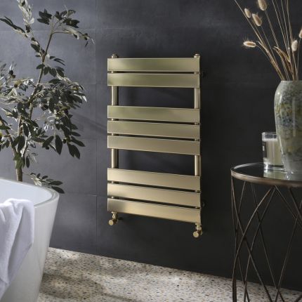 Milano Lustro - Designer Brushed Brass Flat Panel Heated Towel Rail - 800mm x 500mm