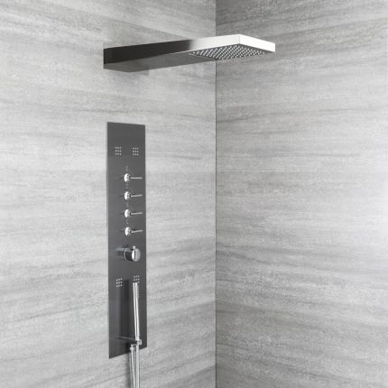 Milano Océanie - Modern Concealed Thermostatic Shower Tower Panel with Waterfall Shower Head, Hand Shower and Body Jets - Gun Metal Grey