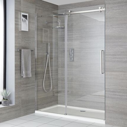 Milano Portland - Chrome Frameless Sliding Shower Door with Tray - Choice of Size