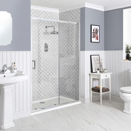 Milano Langley - Chrome Traditional Sliding Shower Door with Tray - Choice of Size