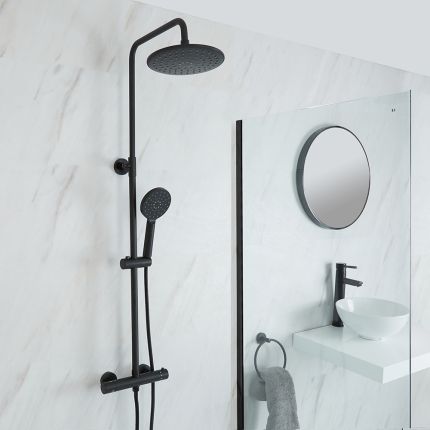 Milano Nero - Modern Thermostatic Bar Shower Valve with Round Shower Head and Hand shower - Black