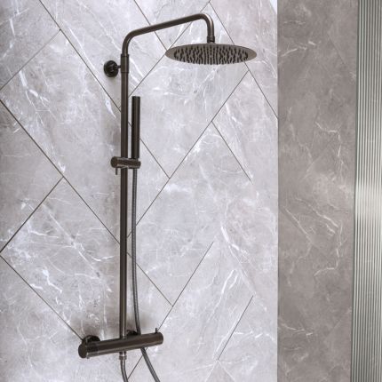 Milano Otto - Modern Round Thermostatic Bar Shower Valve with Round Head and Hand Shower - Black Nickel