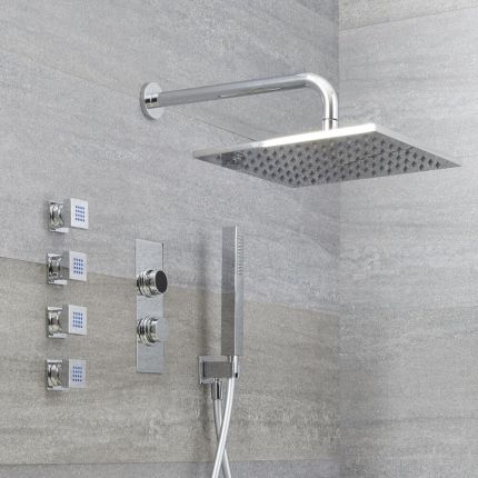 Milano Vis - Chrome Thermostatic Digital Shower with Wall Mounted Square Shower Head, Hand Shower and Body Jets (3 Outlet)