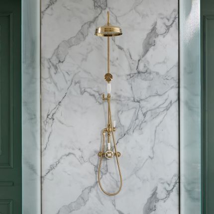 Milano Elizabeth - Brushed Brass Traditional Dual Exposed Thermostatic Shower with Grand Rigid Riser Rail (2 Outlet)