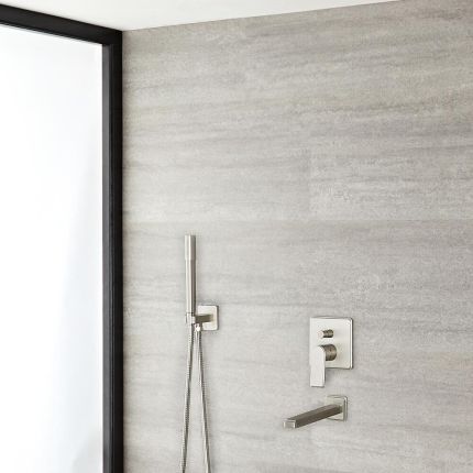 Milano Ashurst - Manual Diverter Shower Valve, Round Hand Shower and Spout - Brushed Nickel (2 Outlet)