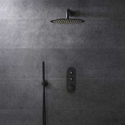Milano Orta - Black Thermostatic Push Button Shower with Shower Head (2 Outlet)  - Choice of Hand Shower