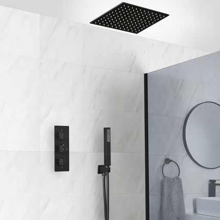 Milano Preto - Black Thermostatic Shower with Recessed Shower Head and Hand Shower (2 Outlet)