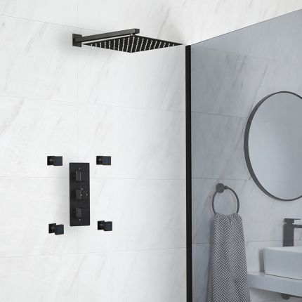 Milano Preto - Black Thermostatic Shower with Shower Head and Body Jets (2 Outlet)