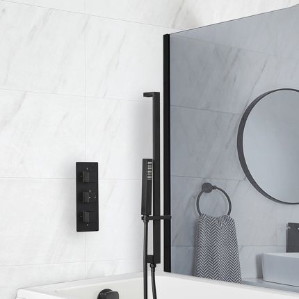 Milano Preto - Black Thermostatic Shower with Overflow Bath Filler and Riser Rail with Hand Shower (2 Outlet)
