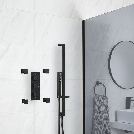 Milano Preto - Black Thermostatic Shower with Body Jets and Riser Rail with Hand Shower (2 Outlet)