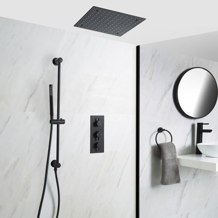 Milano Nero - Black Thermostatic Shower with Recessed Shower Head and Riser Rail with Hand Shower (2 Outlet)
