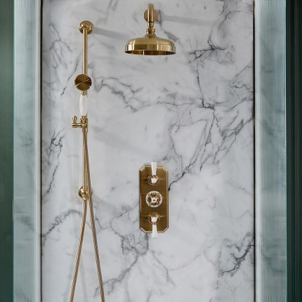 Milano Elizabeth - Brushed Brass Traditional Thermostatic Shower with Riser Rail and Shower Head (2 Outlet)