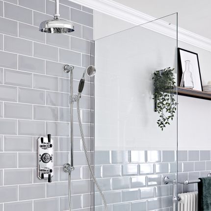 Milano Elizabeth - Chrome and Black Traditional Thermostatic Shower with Ceiling Mounted Shower Head and Riser Rail (2 Outlet)