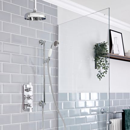 Milano Elizabeth - Chrome and White Traditional Thermostatic Shower with Ceiling Mounted Shower Head and Riser Rail (2 Outlet)
