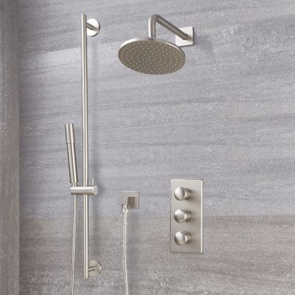 Milano Ashurst - Brushed Nickel Thermostatic Shower with Shower Head, Hand Shower and Riser Rail (2 Outlet)