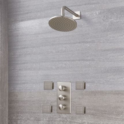 Milano Ashurst - Brushed Nickel Thermostatic Shower with Shower Head and Body Jets (2 Outlet)