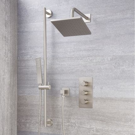 Milano Hunston - Brushed Nickel Thermostatic Shower with Shower Head, Hand Shower and Riser Rail (2 Outlet)
