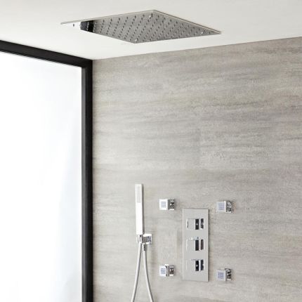 Milano Arvo - Chrome Thermostatic Shower with Diverter, Recessed Shower Head, Hand Shower and Body Jets (3 Outlet)