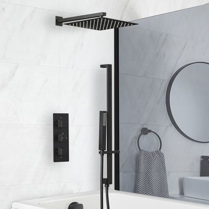 Milano Preto - Black Thermostatic Shower with Diverter, Shower Head, Riser Rail with Hand Shower and Overflow Bath Filler (3 Outlet)