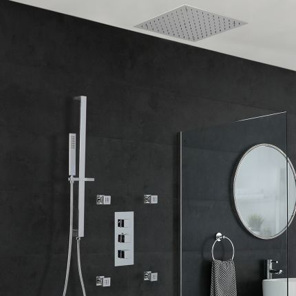 Milano Arvo - Chrome Thermostatic Shower with Diverter, Recessed Shower Head, Hand Shower, Body Jets and Riser Rail (3 Outlet)