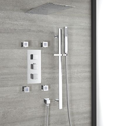 Milano Arvo - Chrome Thermostatic Shower with Diverter, Thin Fixed Shower Head, Body Jets and Riser Rail with Hand Shower (3 Outlet)