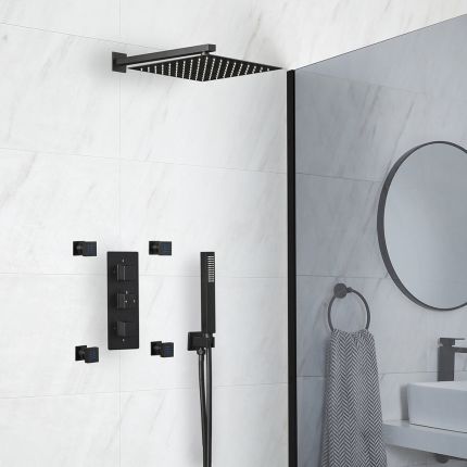 Milano Preto - Black Thermostatic Shower with Diverter, Shower Head, Hand Shower and Body Jets (3 Outlet)