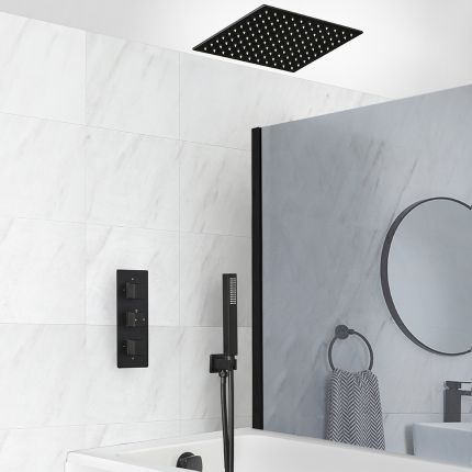 Milano Preto - Black Thermostatic Shower with Diverter, Recessed Shower Head, Hand Shower and Overflow Bath Filler (3 Outlet)