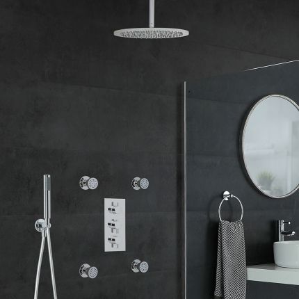 Milano Mirage - Chrome Thermostatic Shower with Diverter, Ceiling Mounted Shower Head, Hand Shower and Body Jets (3 Outlet)