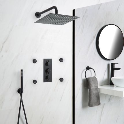 Milano Nero - Black Thermostatic Shower with Diverter, Square Shower Head, Hand Shower and Body Jets (3 Outlet)