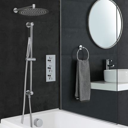 Milano Mirage - Chrome Thermostatic Shower with Diverter, Shower Head, Hand Shower, Bath Filler and Riser Rail (3 Outlet)